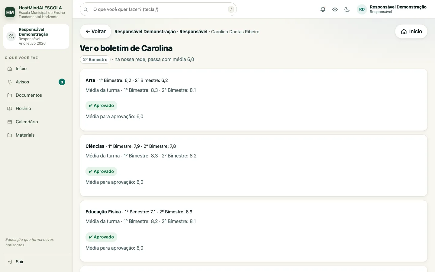 Boletim do aluno visto pela família, com as notas por matéria em cada bimestre, a média da turma e a situação.