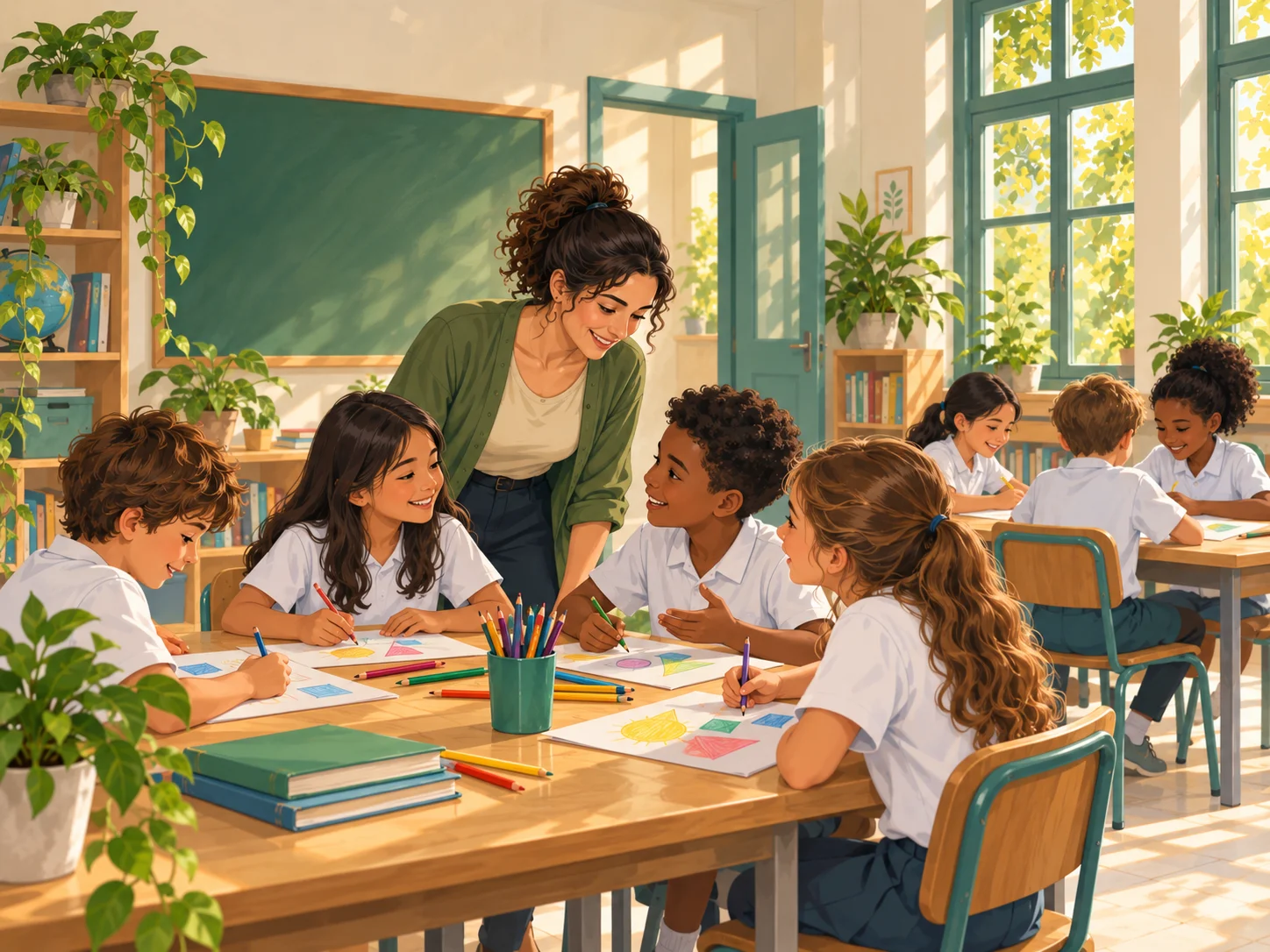 Ilustração de uma professora sorrindo enquanto crianças colaboram em uma atividade na sala de aula.