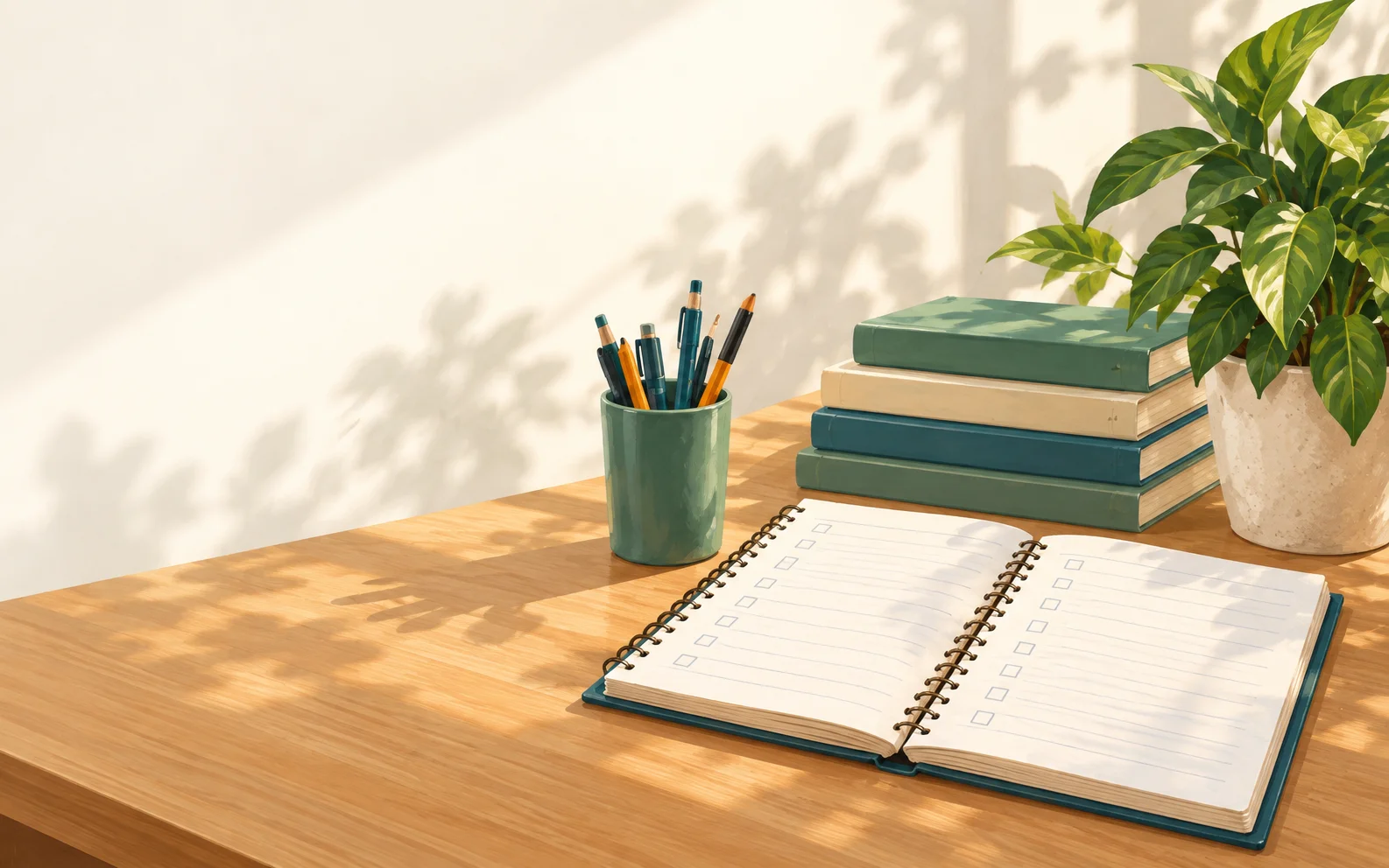 Caderno, lápis e livros sobre uma mesa de trabalho.