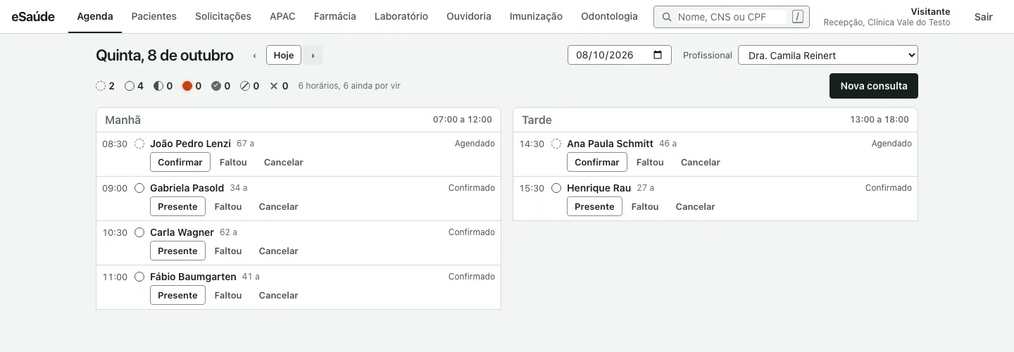 Tela da agenda do dia seguinte, com consultas em duas colunas, manhã e tarde, e os botões Confirmar, Presente e Cancelar.