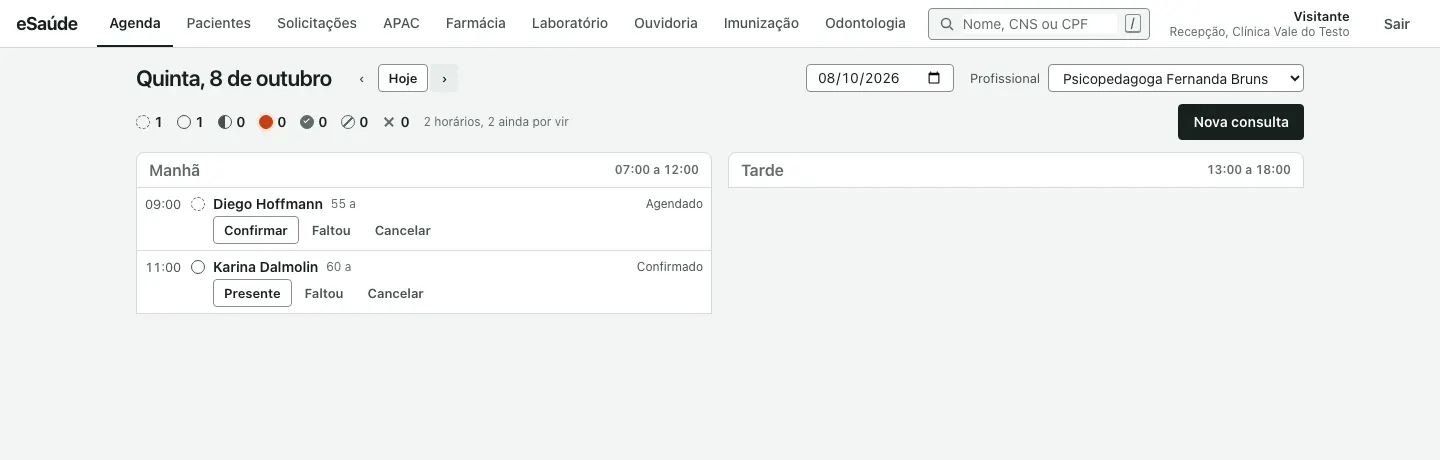 Tela de agenda de uma psicopedagoga com duas consultas na manhã, horários e botões Confirmar, Presente e Cancelar.