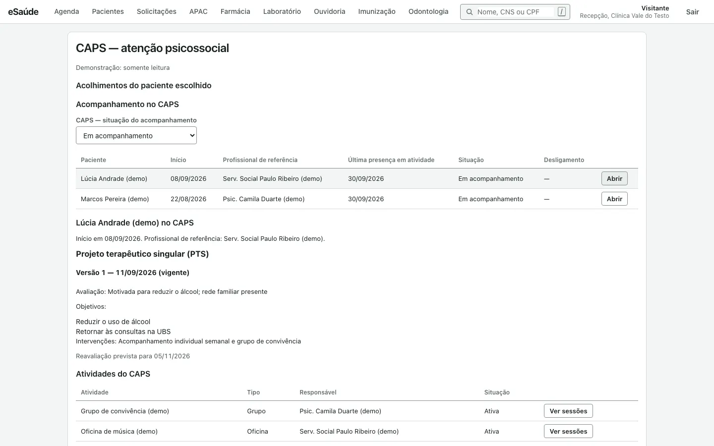 Tela de um acompanhamento do CAPS aberto, com o projeto terapêutico singular, a versão vigente, os objetivos e a data de reavaliação.