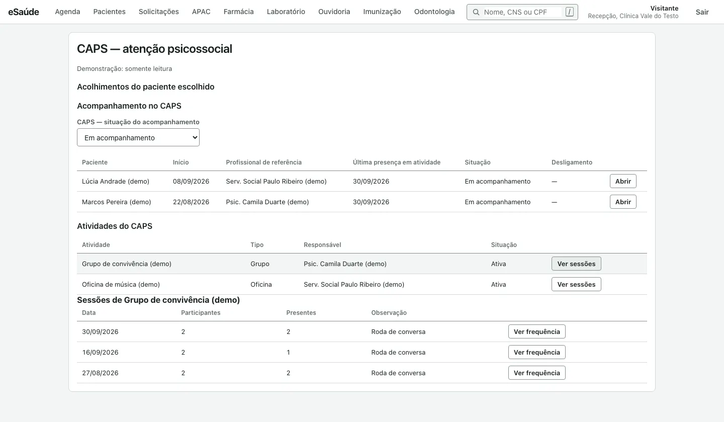 Tela do CAPS com a lista de atividades e, abaixo, as sessões de um grupo, com data, participantes, presentes e observação.