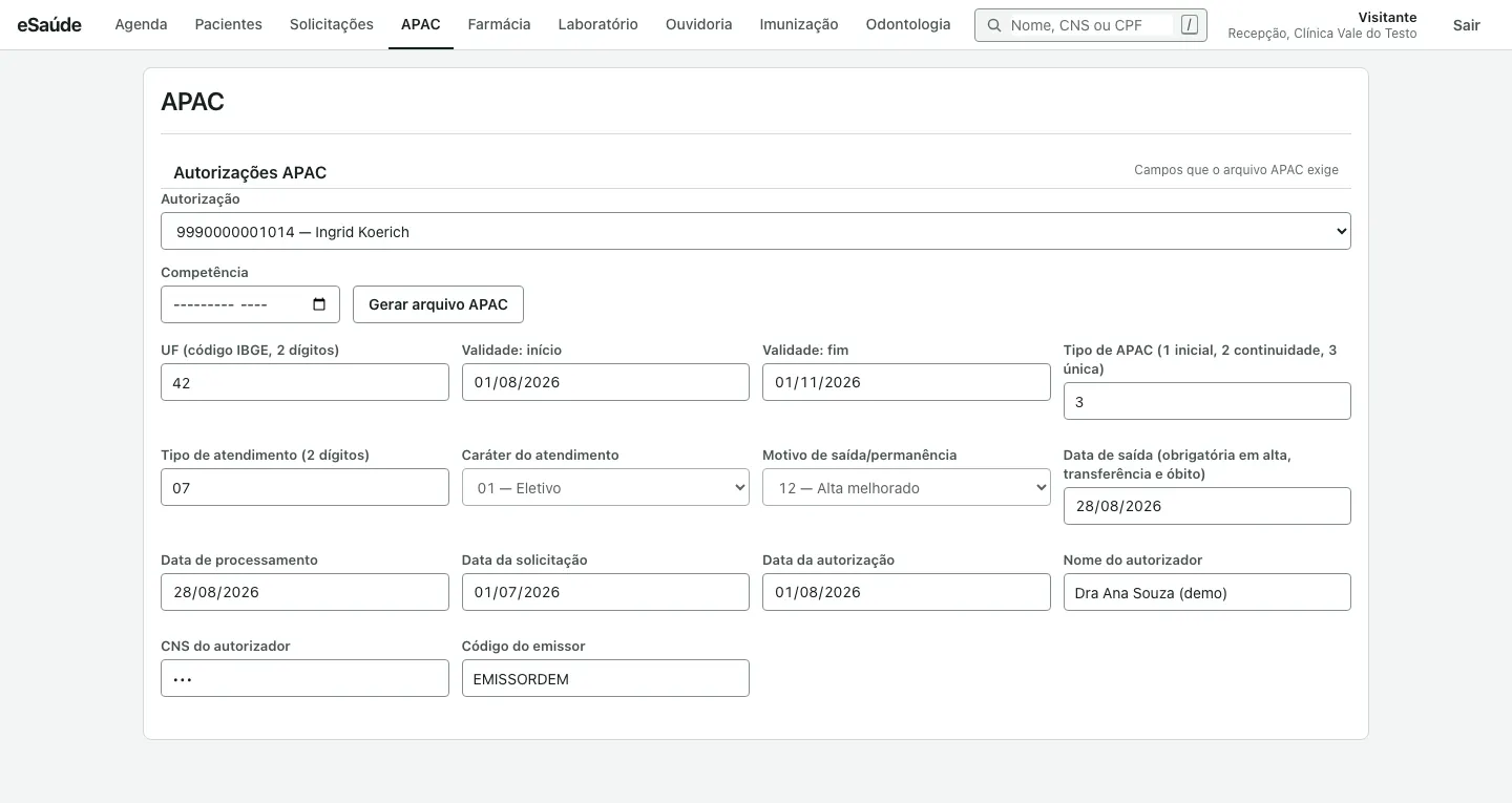 Tela de APAC com outra autorização selecionada e os campos do arquivo preenchidos: validade, tipo de APAC, datas e código do emissor.