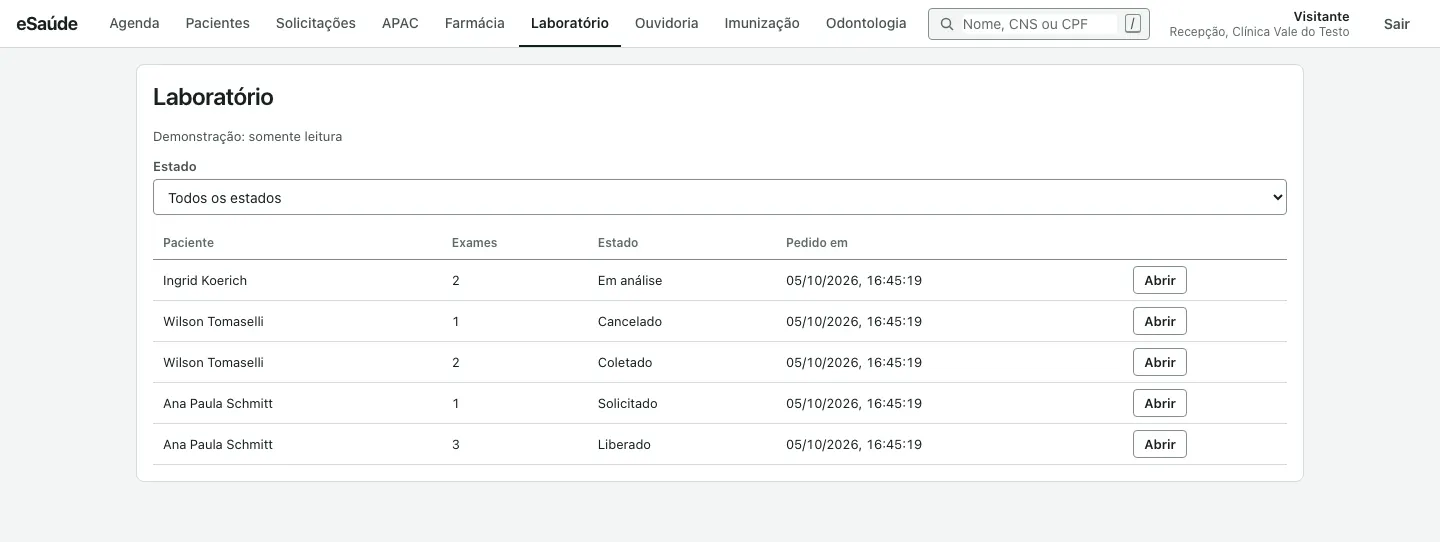 Tela de laboratório com a lista de pedidos, número de exames, estado e data do pedido, e o filtro por estado.